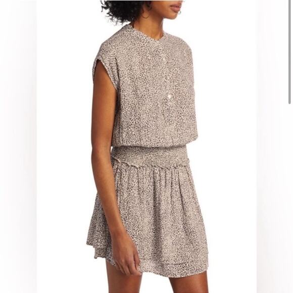 Rails Angelina Smocked Waist Tiered Mini Dress Sand Cheetah Linen Blend Size XS - Picture 3 of 9